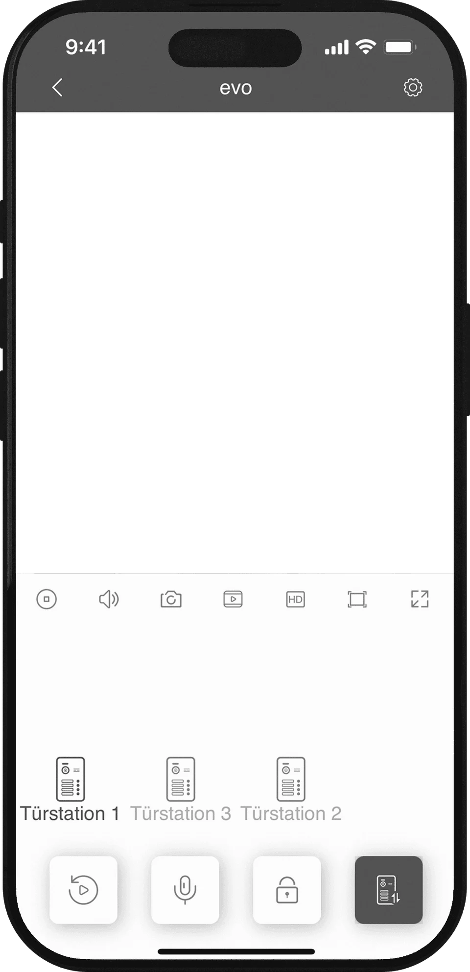 Smartphone mit der Balter EVO2 App: Live-Bild der Türstation und die Umschalter für drei Türen