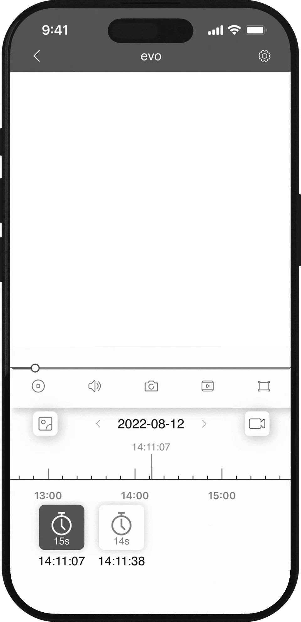 Smartphone mit der Balter EVO2 App: Aufzeichnungen eines Türrufs auf einer Zeitleiste