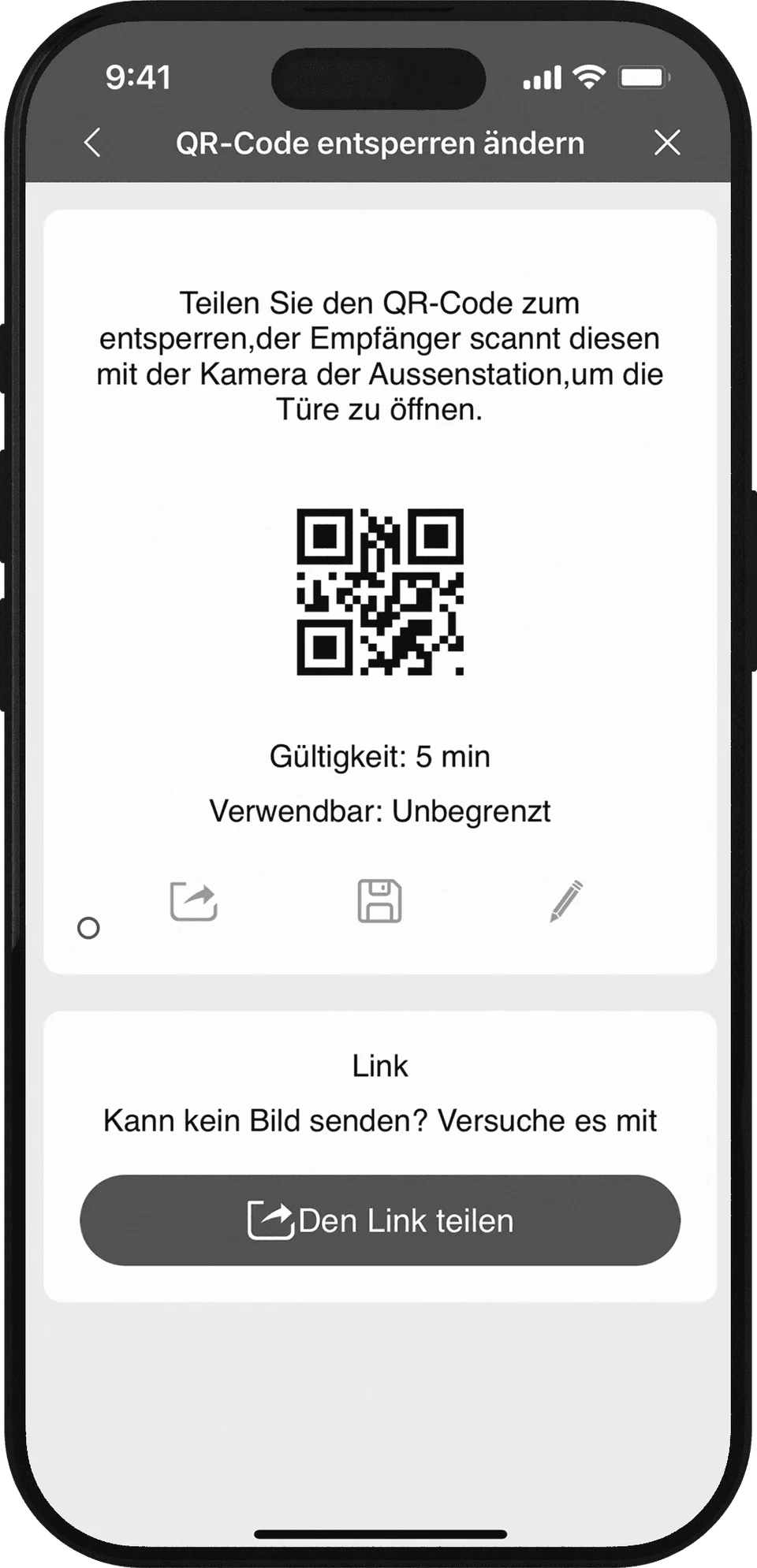 Smartphone mit der Balter EVO2 App: QR-Code zum Öffnen der Tür, fünf Minuten gültig