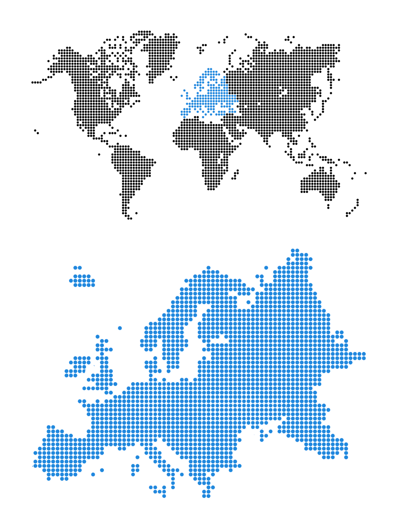 Punktkarte der Welt mit Europa in Blau sowie vergrößerte Europakarte