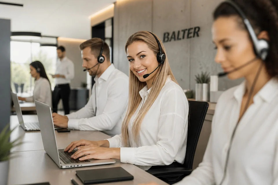 Drei Mitarbeiterinnen und Mitarbeiter mit Headsets am Telefon