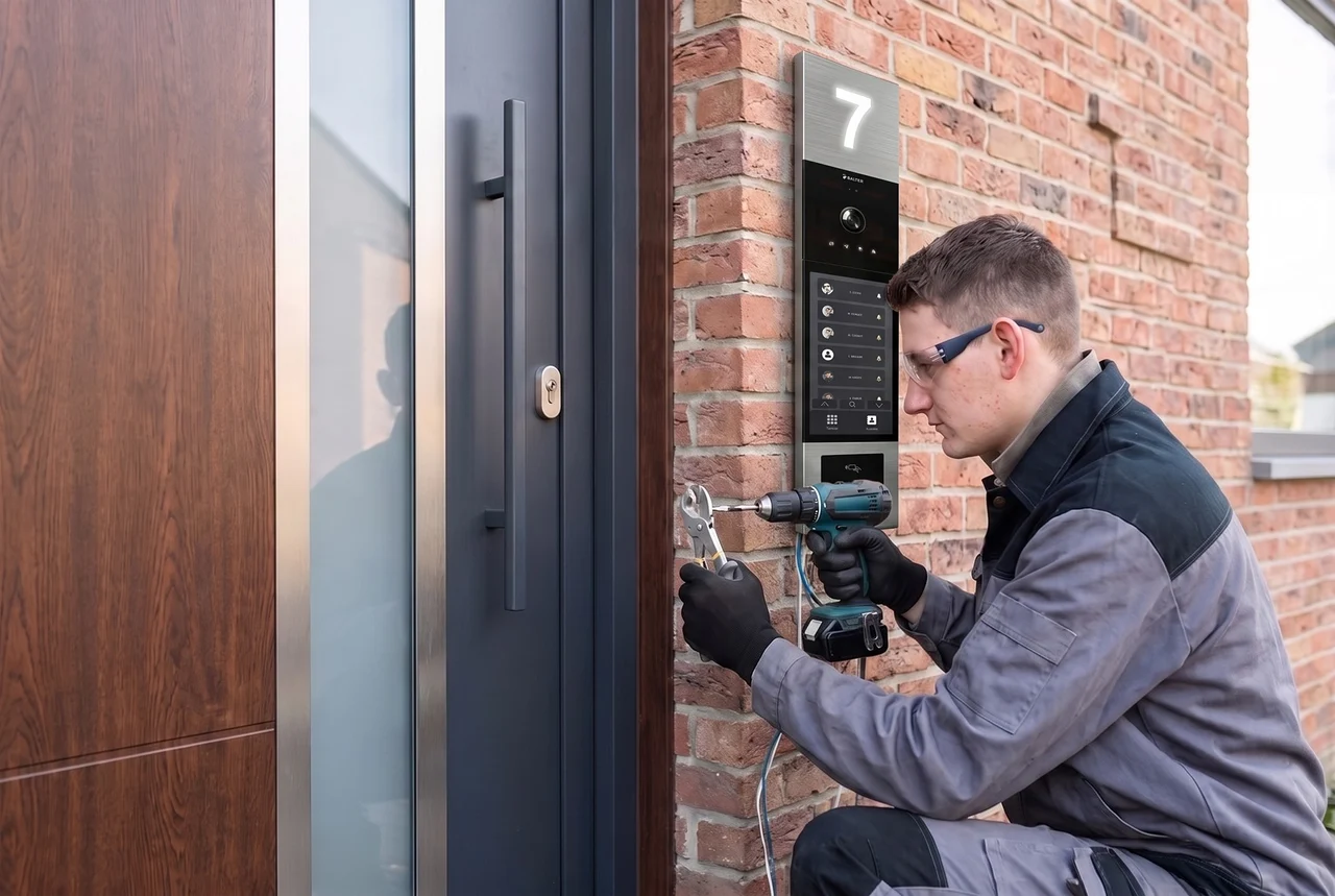 Elektriker montiert eine Türstation an einer Klinkerfassade