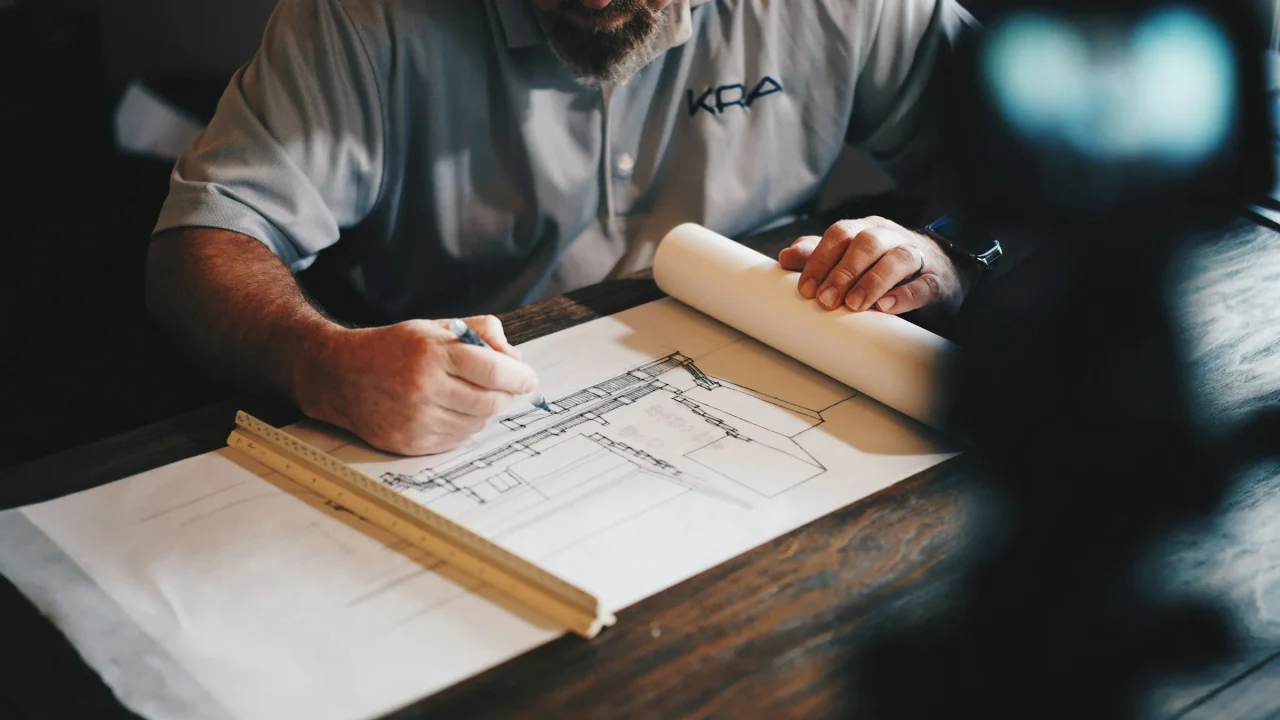 Architekturplanung mit Zeichnung, Stift und Lineal