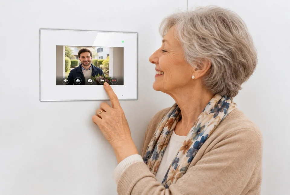 Ältere Frau bedient einen Innenmonitor mit dem Bild des Besuchers