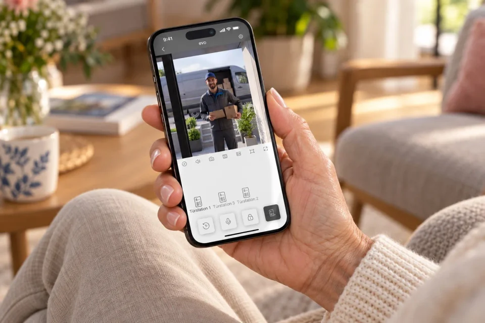 Hände einer älteren Person mit einem Smartphone, darauf der Türruf