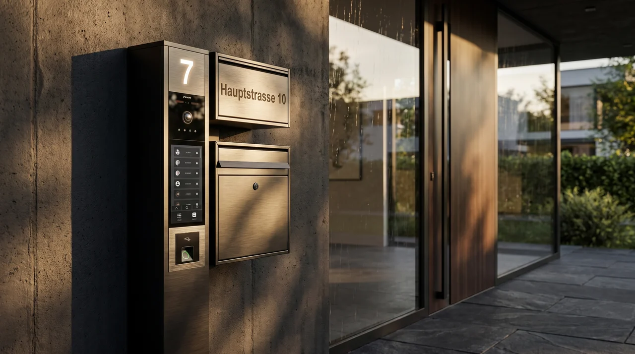 Dunkle Briefkastenanlage mit integrierter Video-Türstation, beleuchteter Hausnummer und Zutrittsleser neben einem Hauseingang