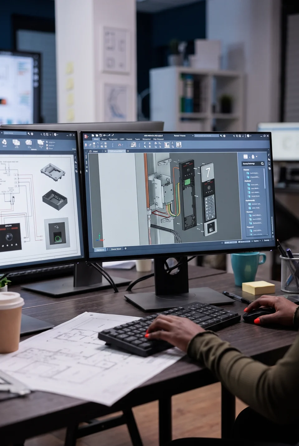 CAD-Arbeitsplatz mit Konstruktionsentwurf und Verkabelung einer modularen Türstation