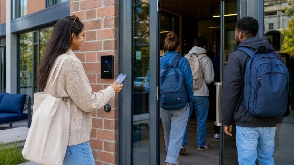 Studierende vor dem Eingang eines Wohnheims, eine mit dem Smartphone