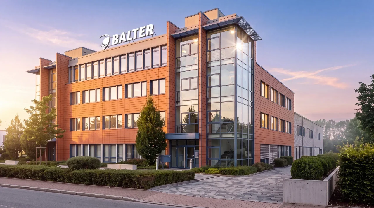 Das Balter-Firmengebäude in Langenfeld in der Abenddämmerung