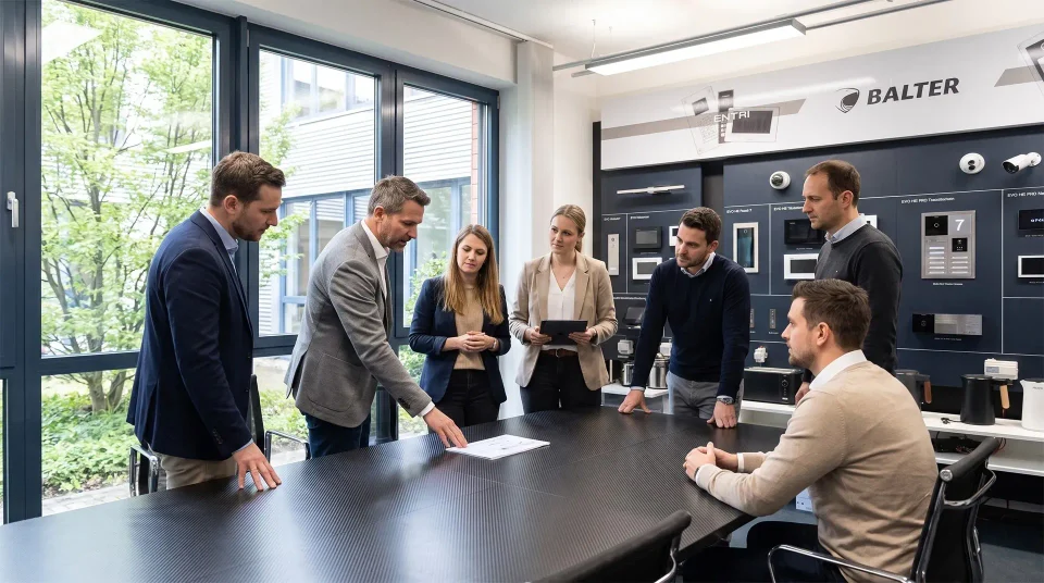 Besprechung im Showroom vor einer Wand mit Türstationen und Monitoren