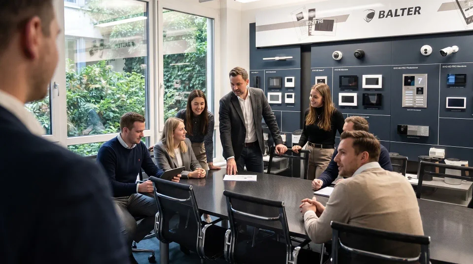 Team im Besprechungsraum vor der Musterwand mit Türstationen