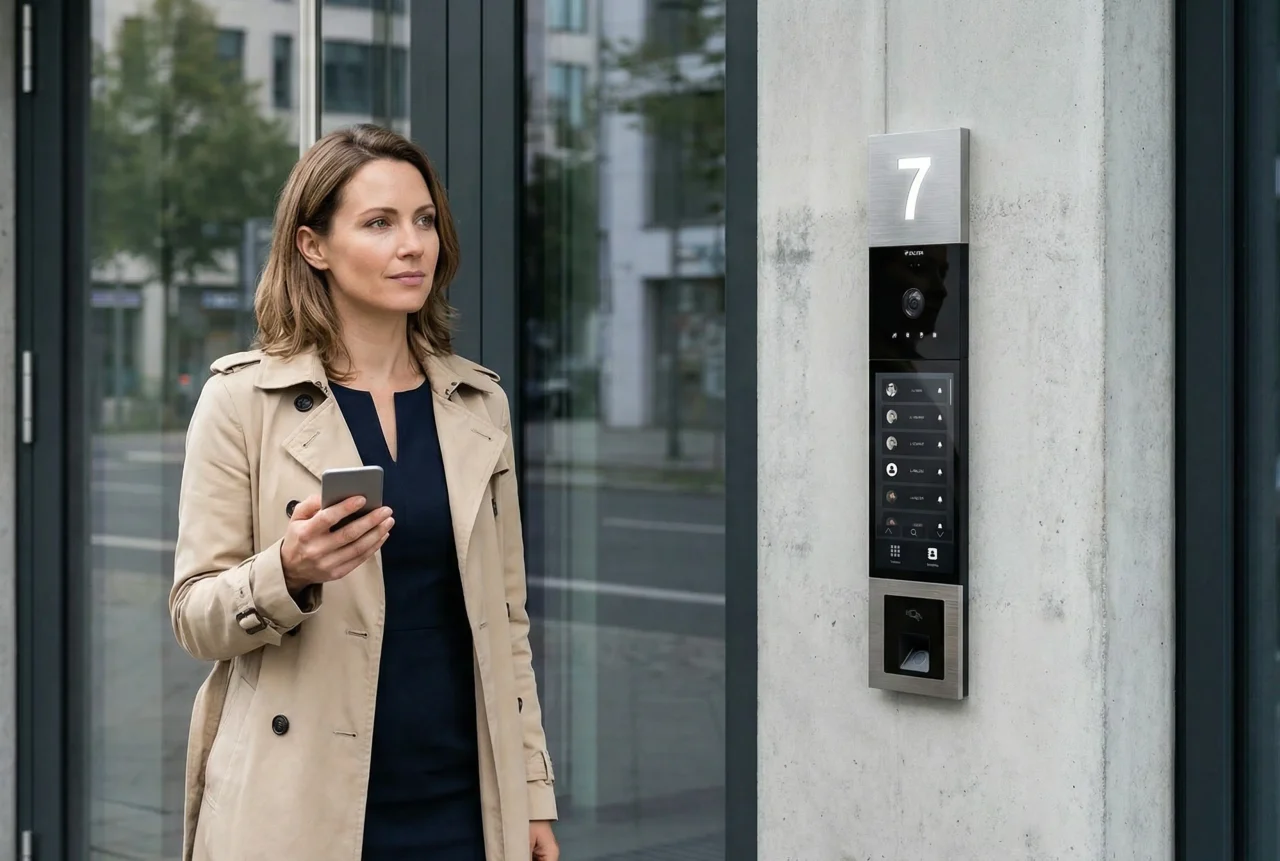 Frau mit Smartphone vor einer Türstation mit Kamera und Tastenfeld